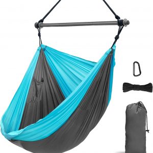 Hammock Chair, Portable Large Hanging Rope Swing – Lightweight Nylon Parachute -Max 500 Lbs – Detachable Metal Support Bar Hammock Chair Swing for Outdoor, Indoor, Backpacking, Camp, Beach  Patio, Lawn & Garden