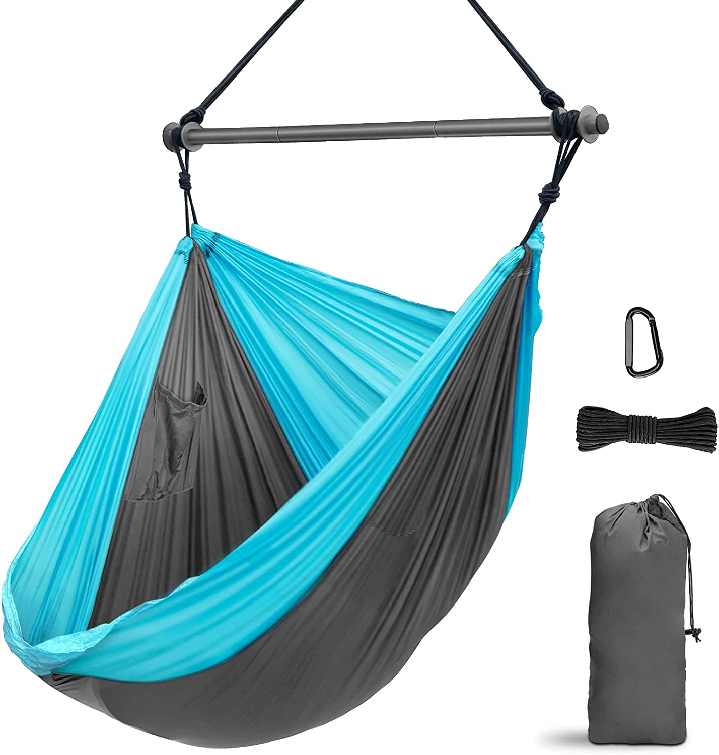 Hammock Chair, Portable Large Hanging Rope Swing – Lightweight Nylon Parachute -Max 500 Lbs – Detachable Metal Support Bar Hammock Chair Swing for Outdoor, Indoor, Backpacking, Camp, Beach  Patio, Lawn & Garden